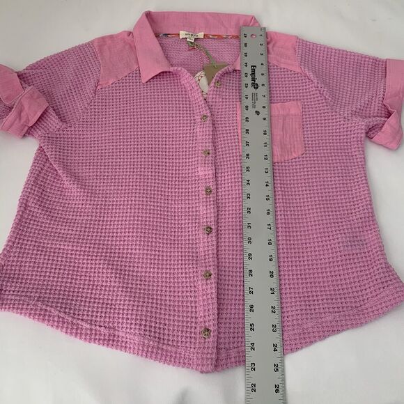 NWT Umgee Shirt Women L Pink Sheer Waffle Knit Boxy Camp Lagenlook Boho Gypsy - Picture 6 of 7